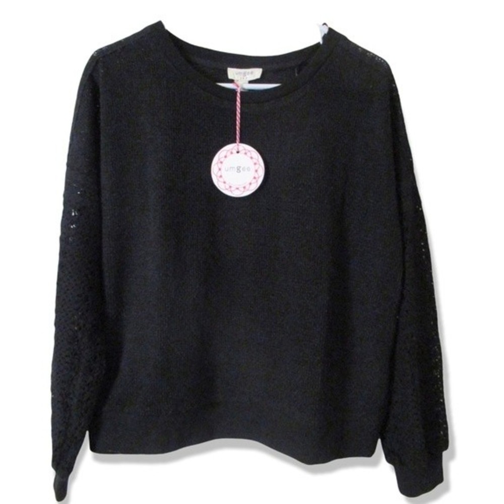 Umgee USA Black Boxy Knit Sweater w/ Crochet Lace Sleeves